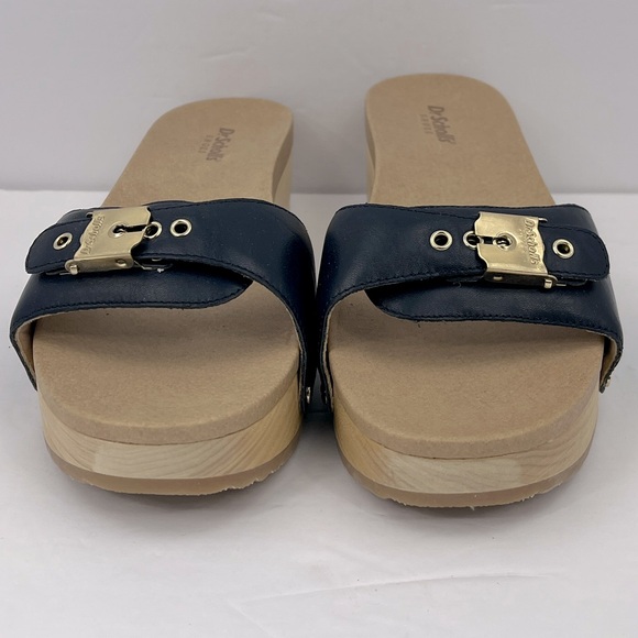 Dr Scholl’s SHOES, NAVY BLUE LEATHER TOP, ADJUSTABLE TOP STRAP, WOODEN SOLE, 9M - Picture 2 of 16